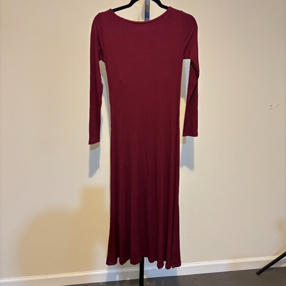 Farm Rio Burgundy Boat Neck Midi Dress Ribbed Long Sleeve - Picture 9 of 14